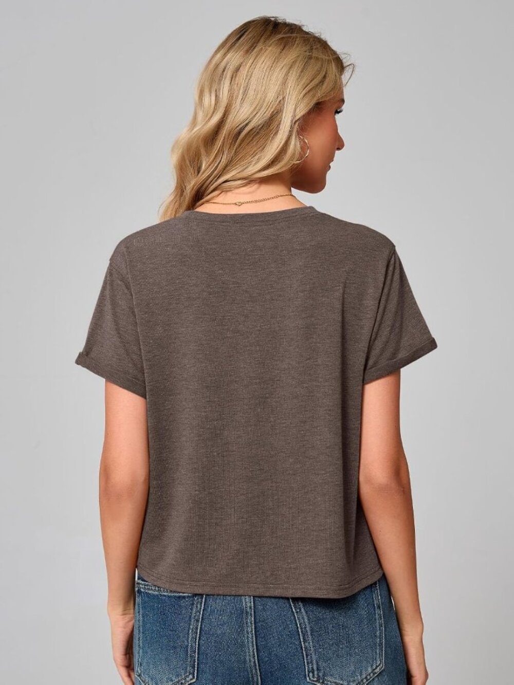 Women's Brown Summer Short Sleeve Crewneck Crop Casual and Flowy Style T Shirt - Picture 3 of 6
